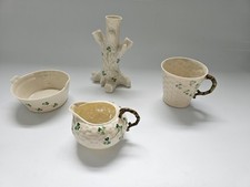 Belleek Shamrock set: tree trunk vase, creamer, mug & handled bowl – Ireland