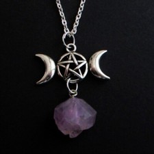 Pentagram Crescent Moon Wicca Wiccan Purple Crystal Necklace Pendant Gift Bag