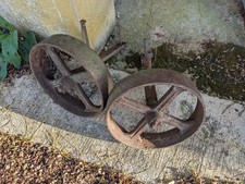 Pair old vintage iron shepherd / chicken hut /  trolley wheels 14in