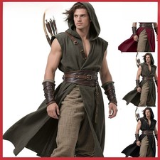 Men’s Medieval Hooded Sleeveless Coat Viking Renaissance Robe LARP Cosplay Tunic