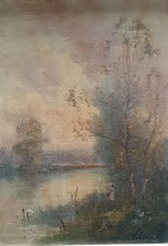 Antique Original Painting Woman in a Forest Tree Landscape