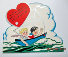 Standing Vintage Valentine Card SAILBOAT, SPEEDBOAT, "We'll just sail along"