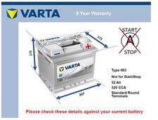 Car Battery C6 Varta 063 520A 52Ah 5Yr Warranty 207x175x175 Silver Dynamic