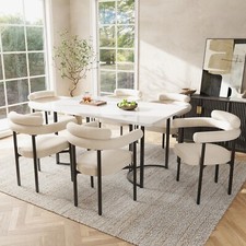 Dining Table and Chairs Set 6 Marble Effect Top, Beige Faux Suede Kitchen Chairs