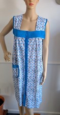 Vintage 60's 70's Blue Sleeveless Floral Cotton Housecoat House Dress UK L