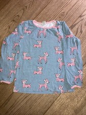 Girls Long Sleeved Blue Top With Pink Deer SMAfolk Scandi 5-6 Years 116cm