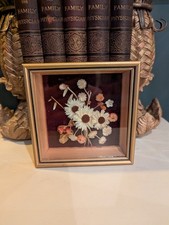 Vintage dried flowers arrangement in deep box frame. Wall mounted art home decor