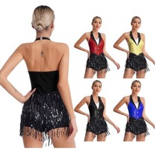Women's Tuxedo Jazz Dance Costume Sequins Tassels Leotard Dress Latin Jumpsuit