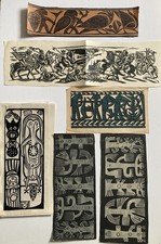 Vintage Lino Cut Prints Folk Art Tribal Motifs Mid Century On Paper X6