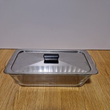 Glasbake Glass Serving Dish + Stainless Steel Lid Made In USA Hostess Trolley 