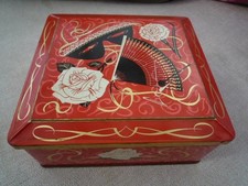 VINTAGE TIN SWEET TOFFEE BISCUITS MASQUERADE MASK AND FAN DESIGN MADE IN GT BRIT