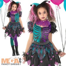 Haunted Harlequin Girls Fancy Dress Circus Horror Clown Kids Halloween Costume