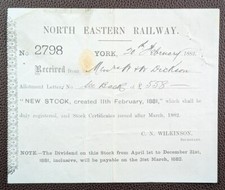 1882 North Eastern Railway York New Stock Certificate Receipt