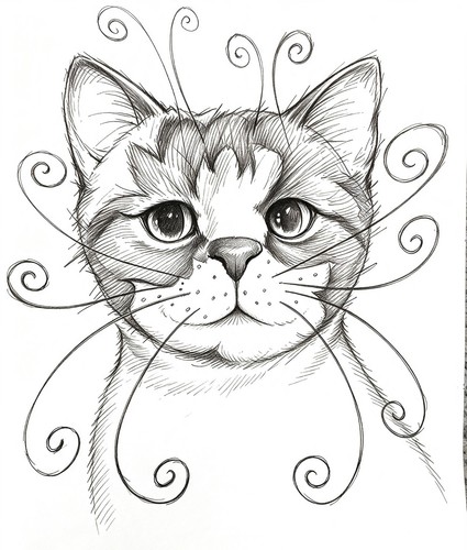 Cartoon drawing cat print - drawing,
