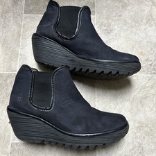 Fly London Womens Casual leather Ankle  boots darkest navy  Pull-On Wedge 6 uk