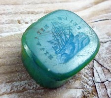 Antique Green Glass Intaglio Seal Of A Ship. Telle est la vie.