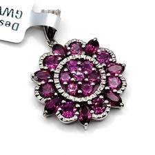 New 925 Sterling Silver & Rajasthan Garnet Flower Cluster Drop Pendant Necklace