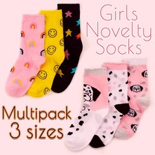 Girls Kids Crew Funky Everyday Bright Colourful Rainbow Stars Cotton Rich Socks