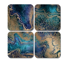 4 x Square Marble Effect Coasters - Blue Gold Agate Art Deco Jigsaw Gift #78309