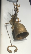 ANTIQUE Vintage Ornate Danish Heavy Brass Pull Chain Door Bell Latin Phrase