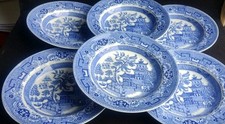 VINTAGE BLUE & WHITE WILLOW PATTERN RIMMED SOUP BOWLS 21.3cm X 6 (25F)