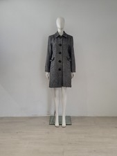 Prada Grey Wool Coat UK 12 14 EU 40 42 Tweed Spell-Out Chunky Button Midi VTG