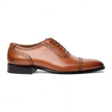 Chapman & Moore Men's Tan Brown Leather Semi-Brogue Cap-Toe Oxford Dress Shoes