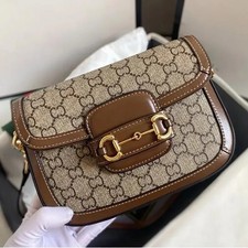 Gucci Horsebit 1955 Shoulder Bag Authentic Brown Canvas Leather Excellent 