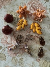 Costume Jewellery Five Pairs Clip On Earrings Leaf Flower Fish Amber Colour