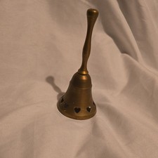 Small brass hand bell, removable handle, heart shapes in bell, 5” inches tall