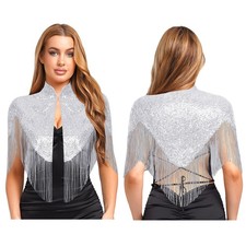 Womens Sparkly Sequin Shawl Bridal Bolero Cover Up Glitter Fringed Evening Cape