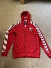 Adidas Trefoil 3 Stripe Red Zipped Hoodie - Small Extra Special White Zip