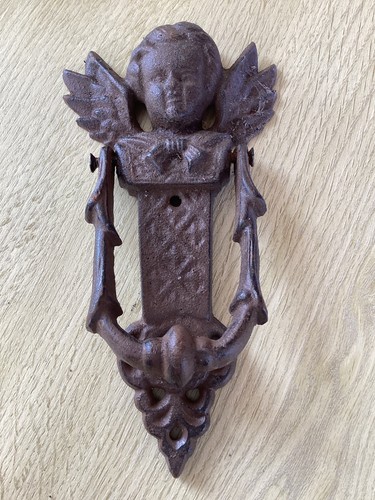 Cast iron door knocker angel - cast,