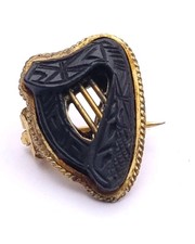 Victorian Irish Bog Oak Harp Brooch Celtic Carving Gilt Metal