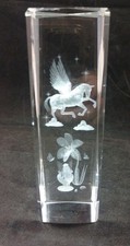 3D  Laser Etched Glass Crystal Cube  Unicorn And Fairy. 4.5x4.5x14.5cm. Chip i14