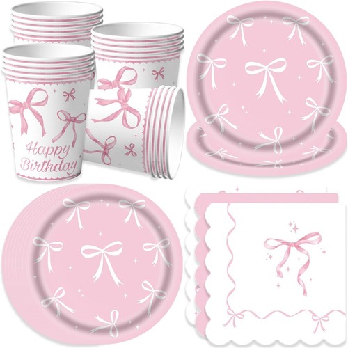 Pink bow party tableware - pink,