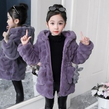 ⭐⭐Kids Girls Furry Parka Coat Winter Warm Hooded Jacket Solid Color Overcoat NEW