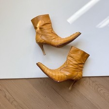 Leather Kitten Heel Boots Tan Pointed Toe Crocodile 7 Western Vintage Ankle