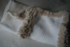 Handmade Crochet Knitted White Blanket Throw w/ Beige Fur Border 120x140cm
