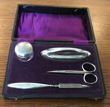Cased Birmingham Hallmarked Silver 4 Piece Art Deco Manicure Dressing Table Set