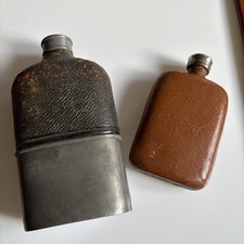 2x Antique? Leather Covered Glass Hip Flasks One with Pewter? Detachable Cup