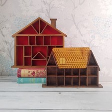 Pair of Wooden Trinket Thimble Curio Wall Mounted Shelves House shaped