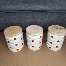 Martin Gulliver Tea Sugar & Coffee Red Spotted Storage Jar Cannisters Set