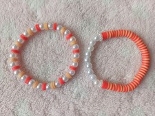 Set Of 2 Orange And Peach Clay Bead Bracelets With Pearls, Handmade, Stretchy 