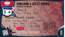 CRICKET TICKET - England v West Indies 2012 @ Trent Bridge Nottingham 25.05