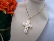SUPERB GOLD PLATED STERLING SILVER SEED PEARL CROSS CRUCIFIX PENDANT 18" NECLACE