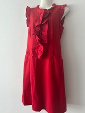 TED BAKER WOOL BLEND RED SLEEVELESS DRESS WITH SILK RUFFLES AND TIE BOW SIZE 6-8