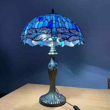TIFFANY TABLE LAMP 16-INCH BLUE DRAGONFLY STYLE STAINED GLASS SHADE HANDCRAFTED