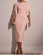 Light Pink Imitation Pearls Classic Crew Neck Half Sleeve Sheath Midi Dress