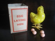 Vintage Boxed Yellow Plastic Egg Laying Hen With 4 eggs Made In England